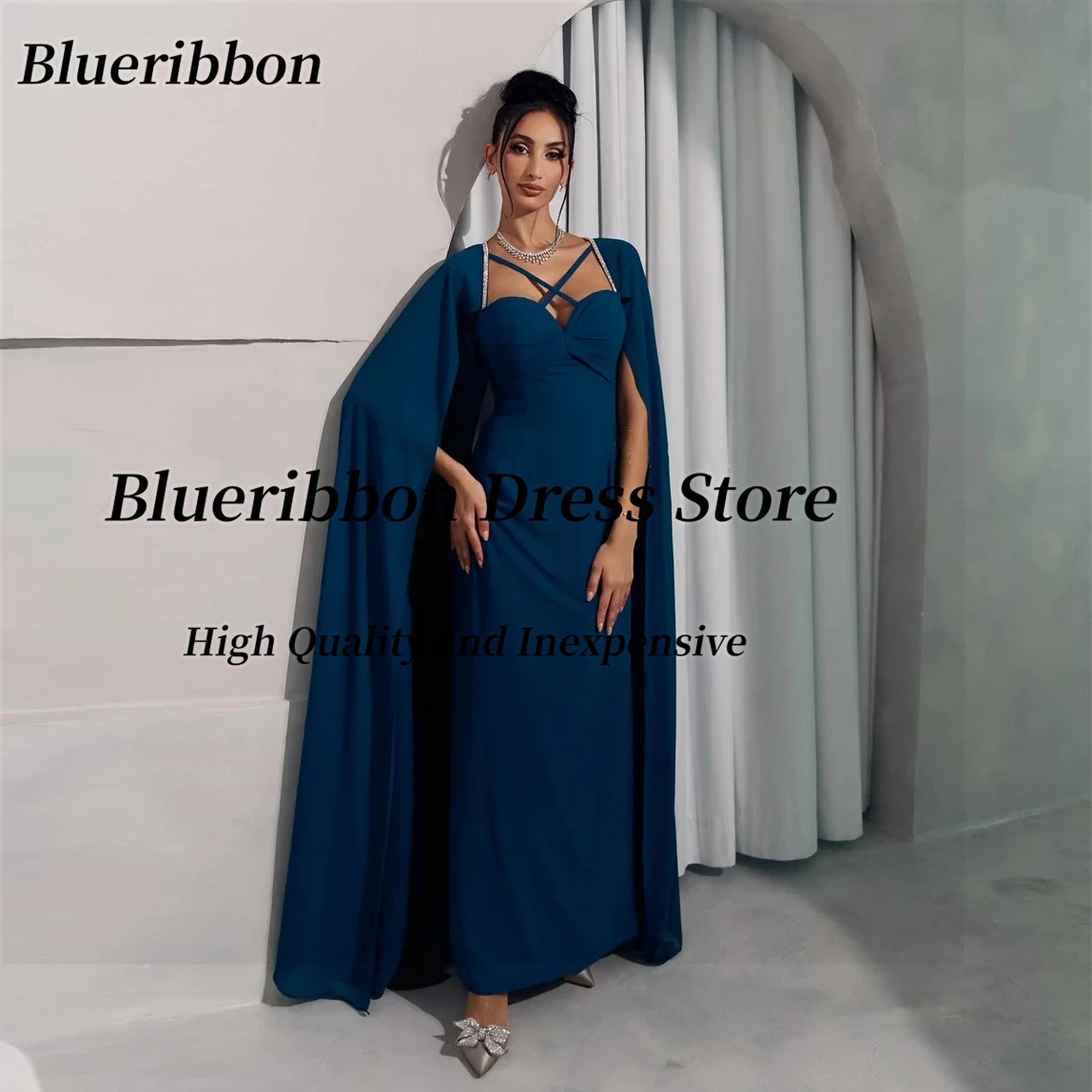 

Blueribbon Customized Prom Dresses Criss Cross Neck Evening Gowns Flutter Sleeves فساتين للمناسبات الخاصة