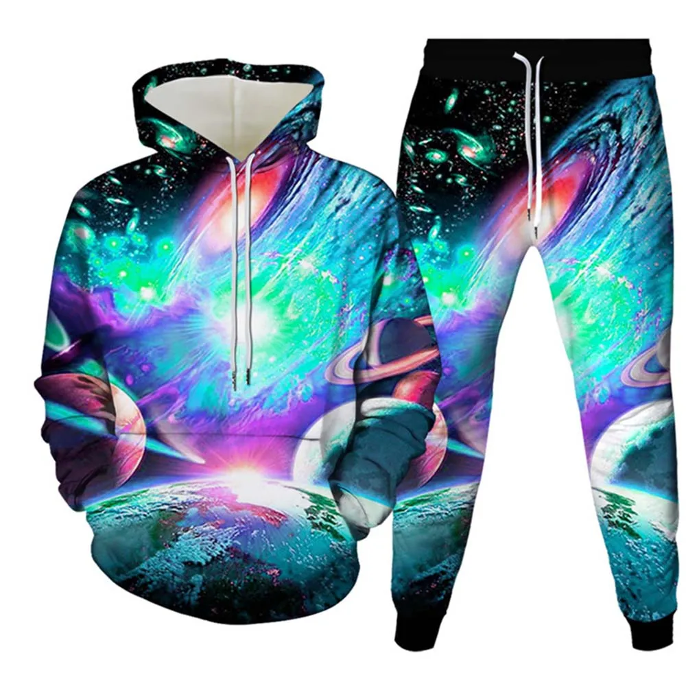 Univers galaxie planètes 3D sweat à capuche imprimé costume hommes sweats pantalons de survêtement décontracté mode deux pièces survêtement ensemble vêtements pour hommes