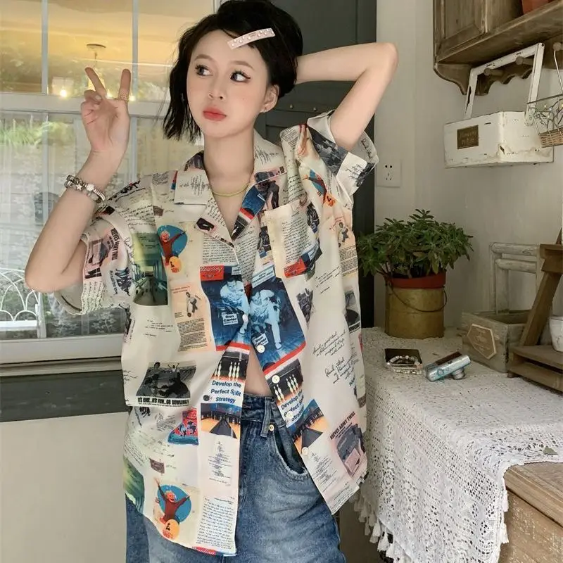 

Summer Casual Korean Fashion Loose Retro Fashion Buttons Single Breasted Printing Short Sleeve Large Color Block Exaggerate Wild