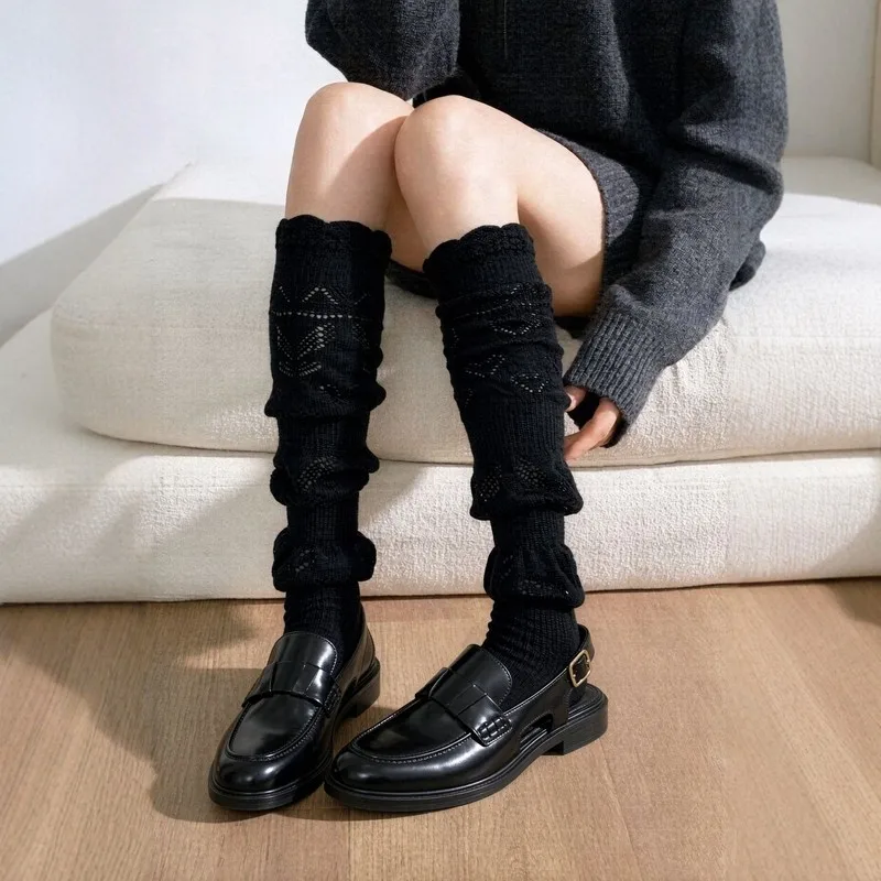 Women's 30% Wool Hollow Lace Stacking Socks, Retro Forest Style Bubble Socks, Slim Ruffled Trim Long Socks for Autumn Winter
