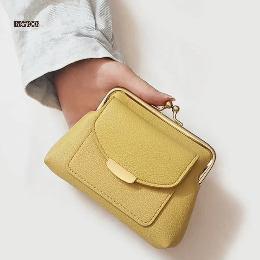 

Lychee Pattern Mini Lock Clip Coin Purse Keys/Lipsticks/Earphone Storage Kiss Lock Leather Wallet Solid Color Retro