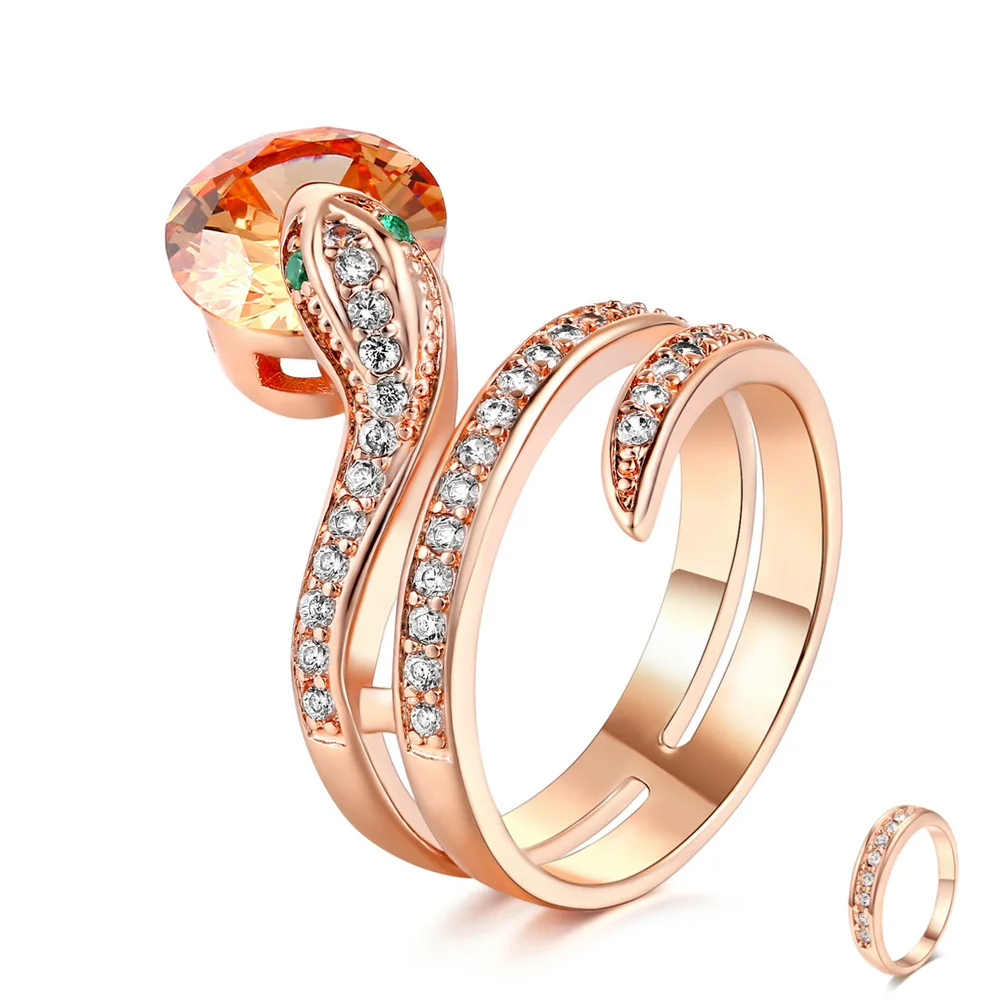 Snake Rings for Women Rose Gold Color Orange Crystals Cocktail Ring for Female Party Evening Accessories Fashion Jewelry R149