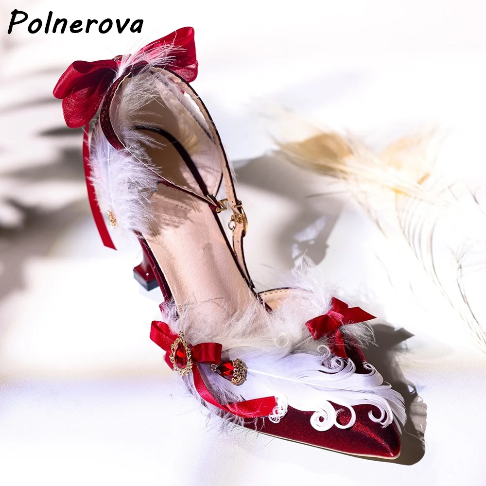 รองเท้าส้นสูงแบบมีสายรัดข้อเท้าประดับคริสตัล ปลายแหลม ส้นบาง แบบโปร่ง สไตล์โลลิต้า  ตกแต่งด้วยขนนกยูง  รองเท้าแฟชั่นสไตล์หวานสำหรับผู้หญิง