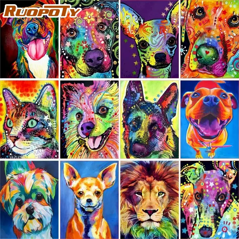 RUOPOTY 40x50cm Pop Style Frameless DIY Painting By Numbers Colorful Dog Pictures By Numbers On Canvas Animals Home Decoration