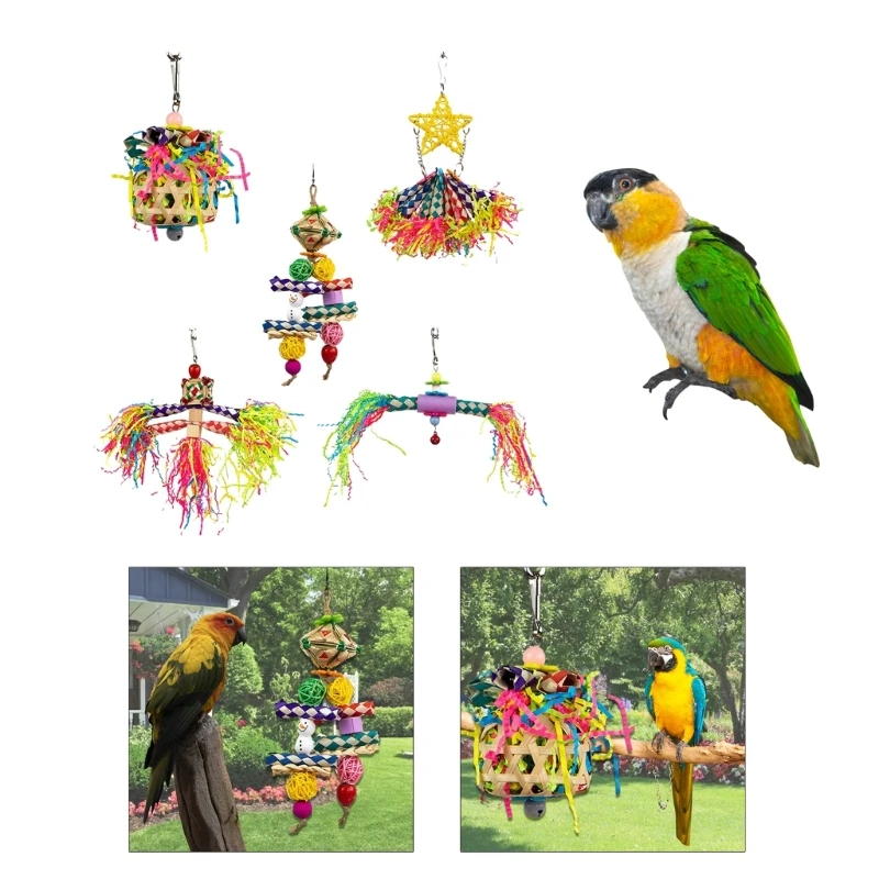 H7EA Bird Straw Toy Rattan Shredded Paper for Chewing Teeth Grinding Cluster Pendant