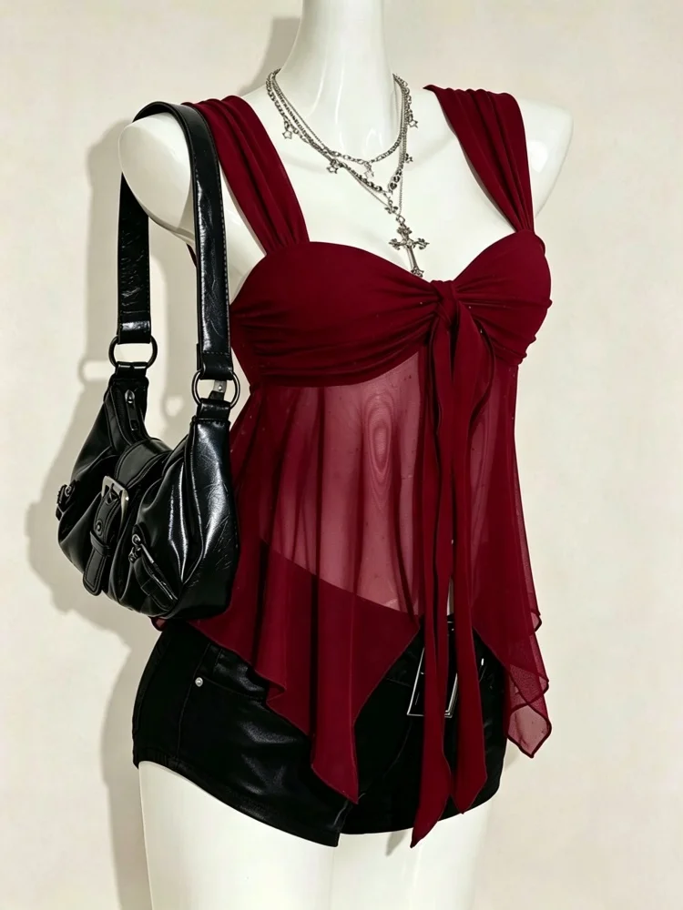 Casual Sweetheart Neck Ruffle Trim Mesh Tank Top. S6d1c2df1147d4bc29dc14c06d93eb5b5K