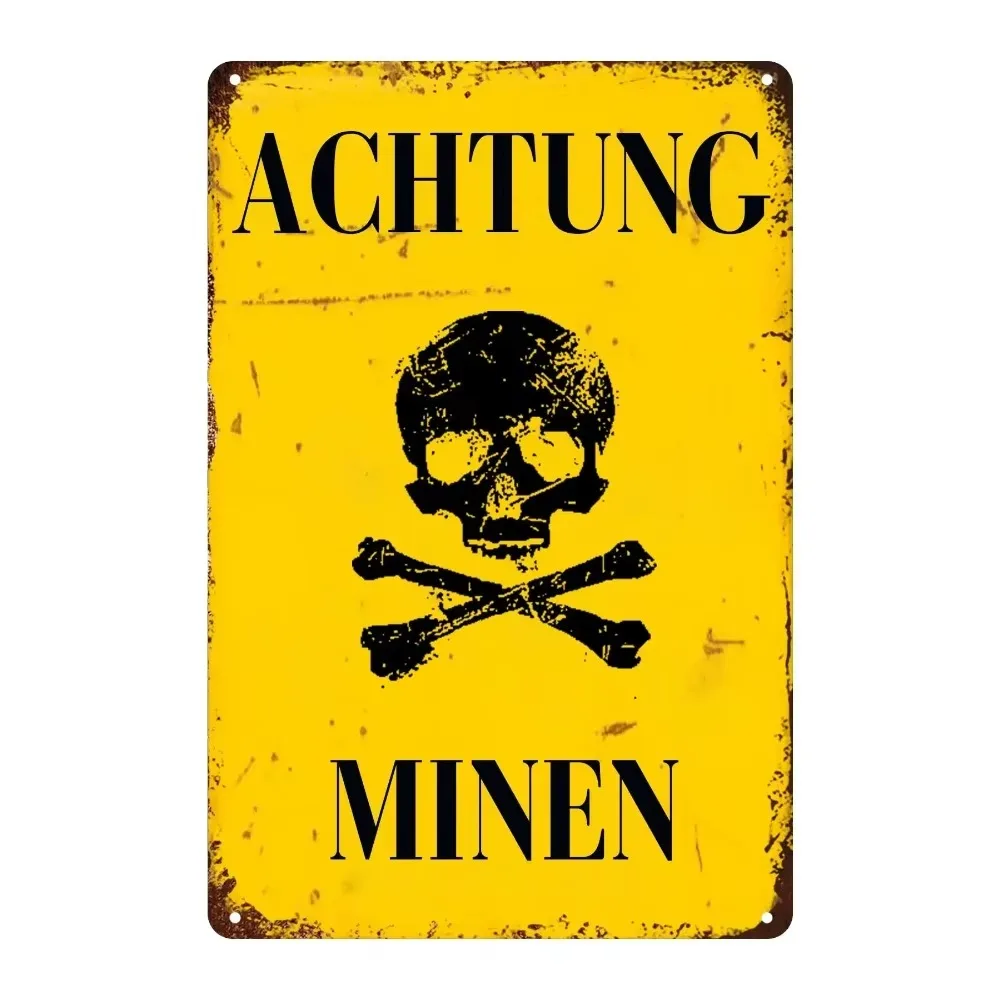 BattlefieldMemories - Letrero alemán "Achtung Minen" de la Segunda Guerra Mundial - Decoración militar de pátina envejecida - Acentos de cueva para hombre y configuración retro al aire libre