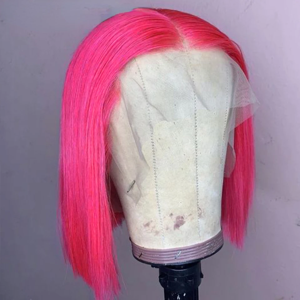 Peluca de cabello humano liso para mujer, color rosa, Bob, Remy