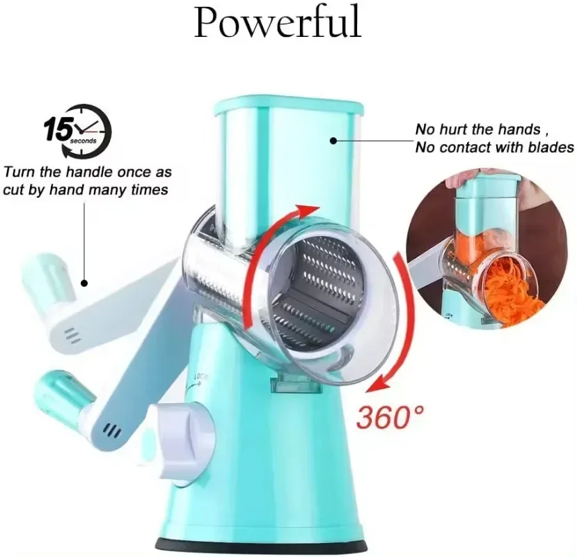 Manual Rotary Vegetable Slicer Cutter Kitchen Vegetable Cheese Grater Chopper with 3 Sharp Stainless Steel Drums