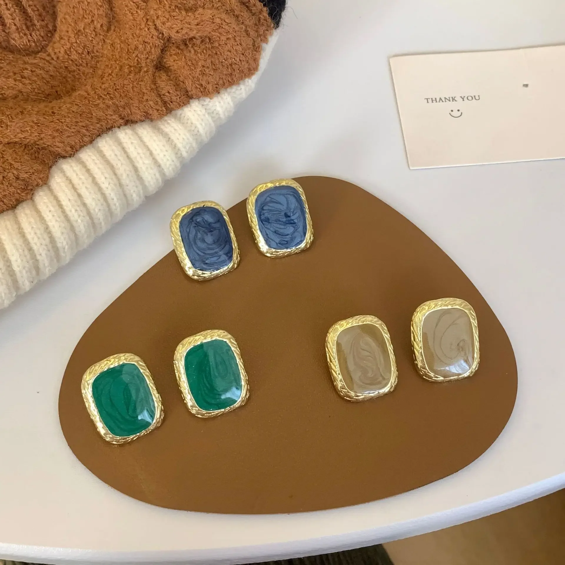 Korean Style Enamel Blue Square Earrings Ear Clip Female Temperament French Retro Simple Green Square Stone Clip on Earrings