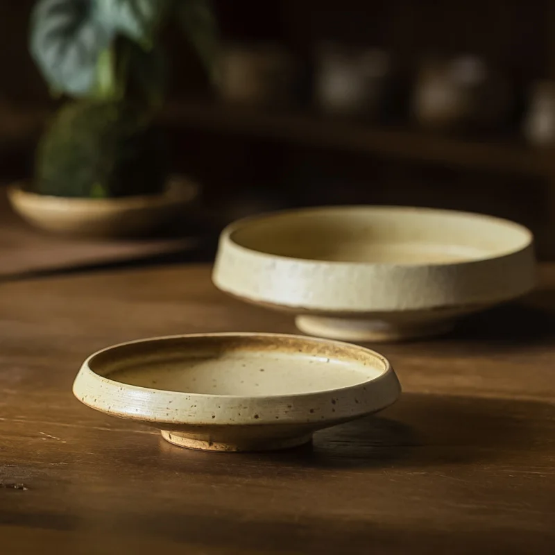 

Retro Yellow Glazed Cerc Deep Di Plate Wabi-Sabi Sle Dining Plate Tea Sna Dert Bowl Tray round ape Daily Use