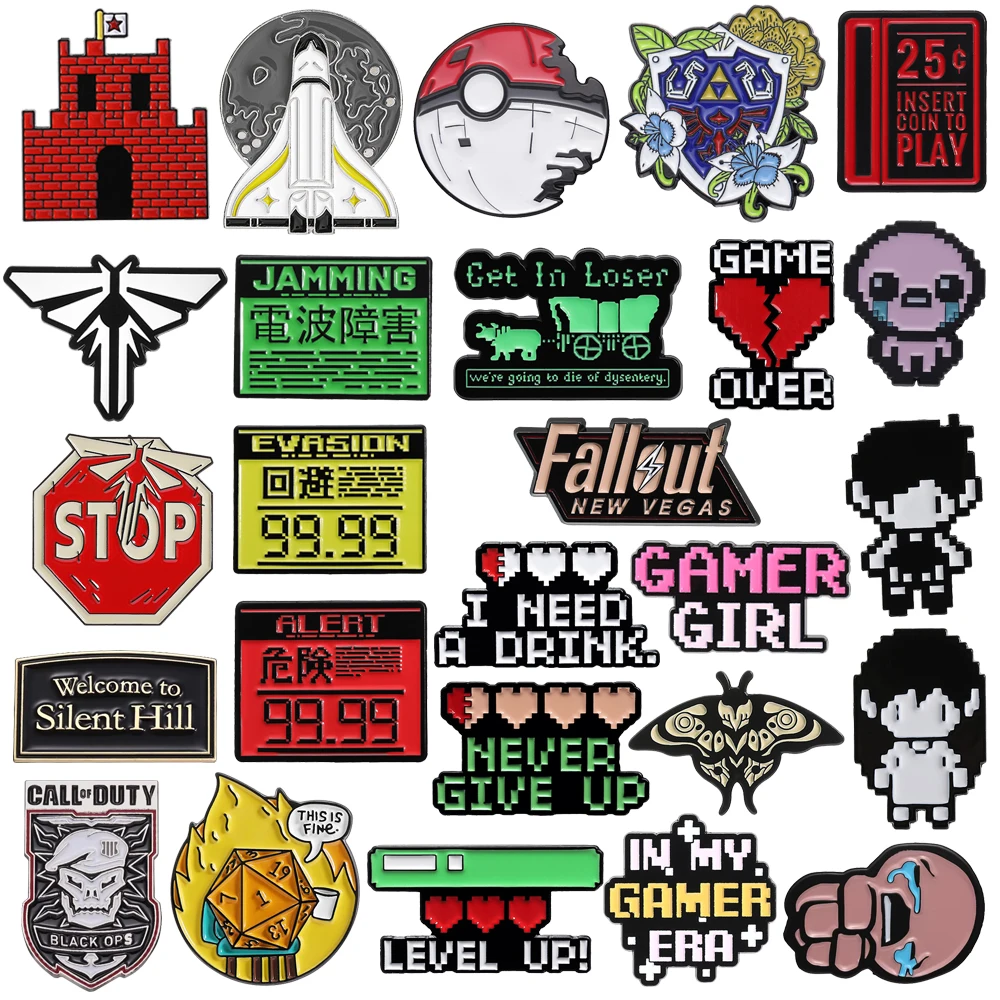Jogo dos desenhos animados esmalte broche lapela pino casas paraquedismo aventuras escudos obstáculo gamer menina dados chorando bebê crachá jóias presente