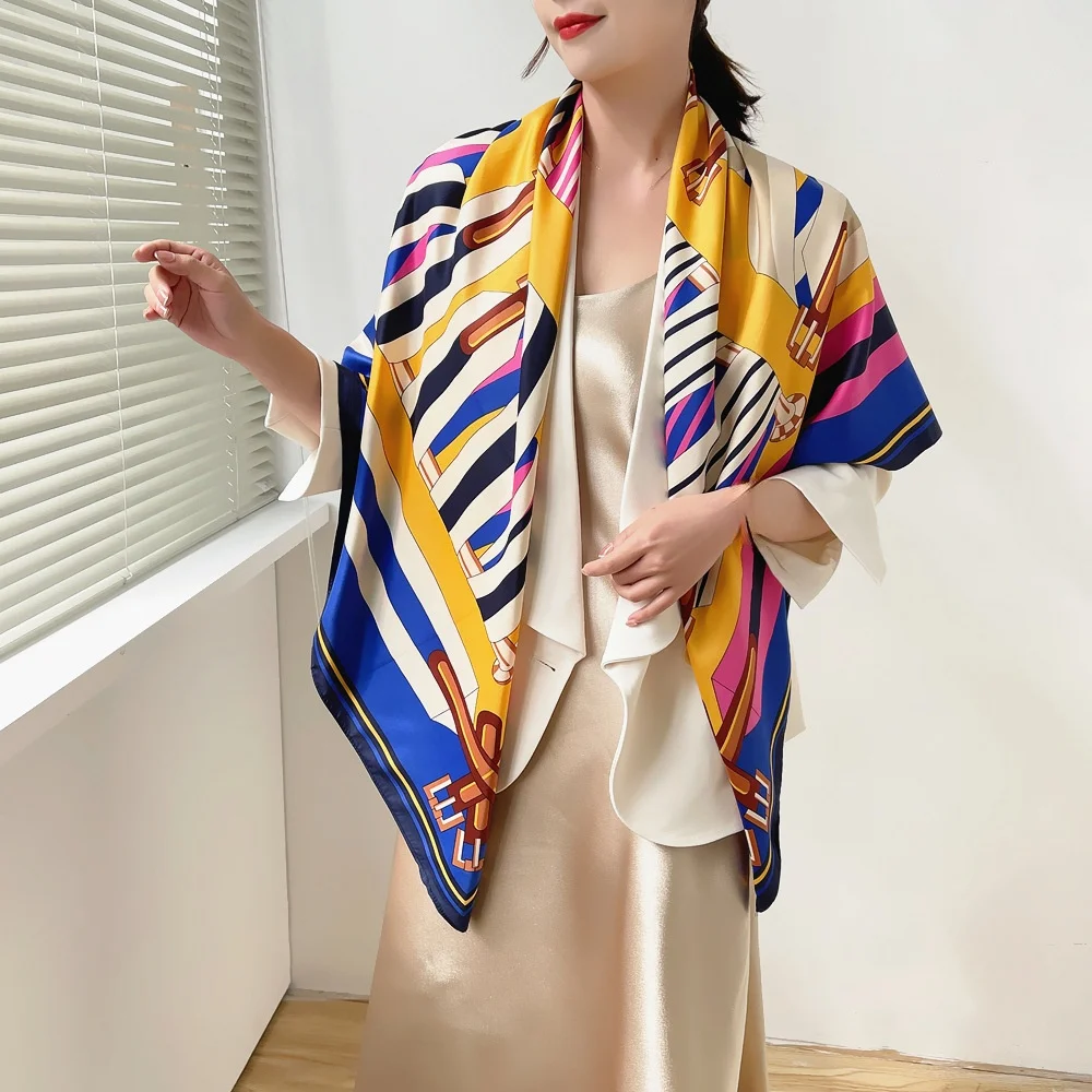 130cm Belt color bars Twill 100% Silk Square Scarf Brand Scarf Women Shawl Fashion Design BandanaKerchiefScarves Beach Cover Ups