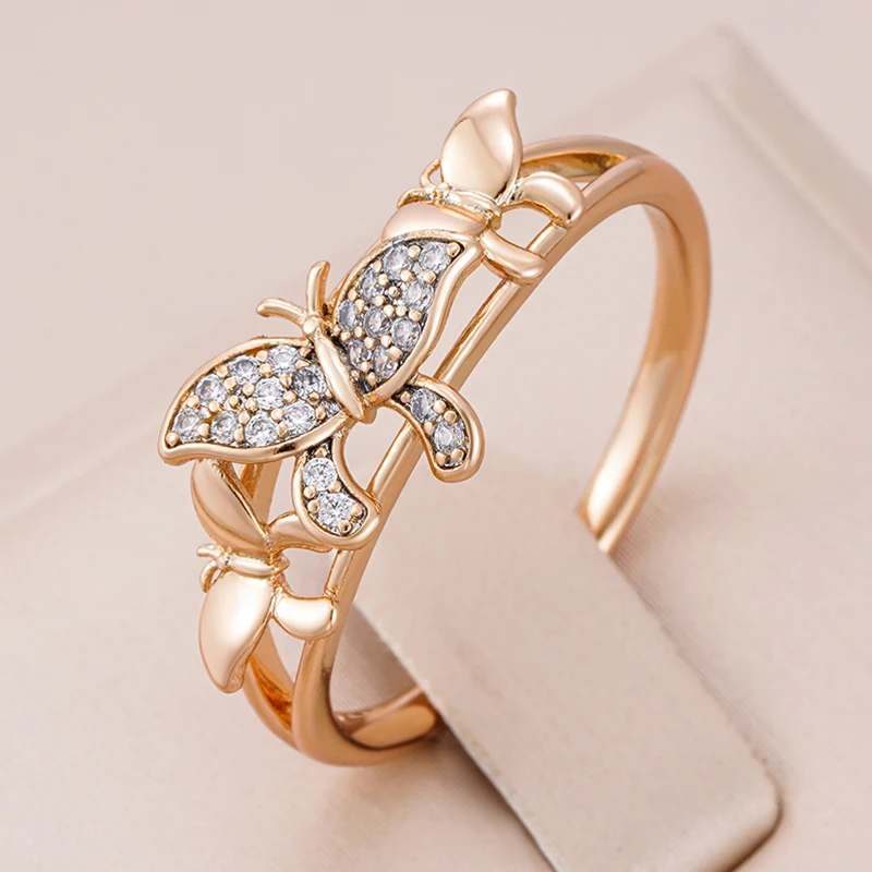 Kinel Hot 585 Rose Gold Color Butterfly Rings for Women Micro Wax Inlay Natural Zircon Ring Fashion Daily Fine Jewelry 2022 New