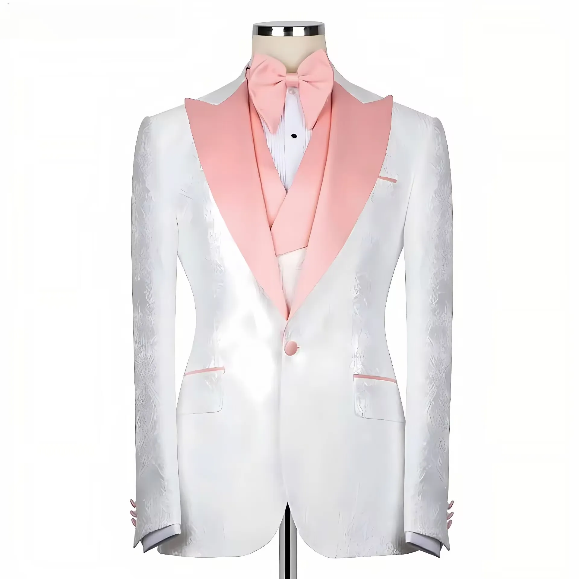

Белый жаккардовый деловой мужской костюм с розовым воротником, три предмета, вечерний пиджак, одежда для жениха (куртка + жилет + брюки)