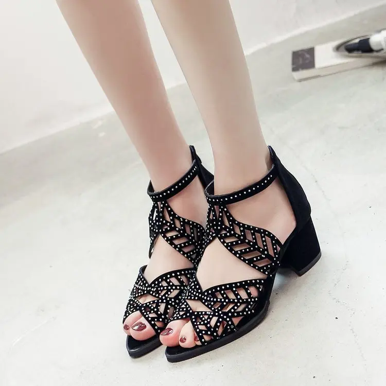 

New Fashion Style Women Sandals Summer Hollow Out Faux Leather Rhinestones Thick Fish toe sandals Heel Zipper Sandals Shoes Larg