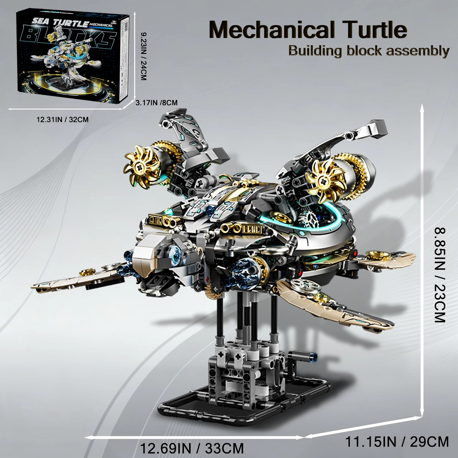 Steampunk Sea Turtle Building Set, Poseable Light-Up Mechanical Turtle Building Blocks, Gift for Teens and Adults