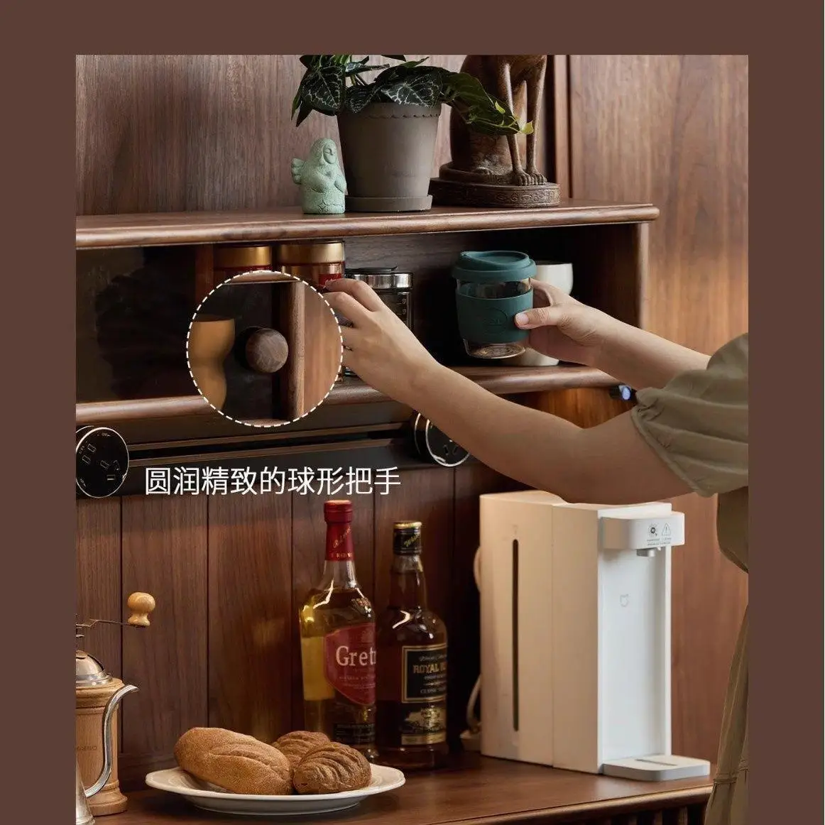 North American walnut color dining side cabinet French retro solid wood storage cabinet Living room multi-functional storage