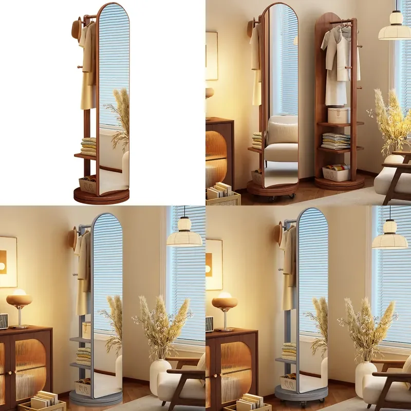 Solid Wood Floor Standing Coat Rack with Mirror Rotating Corner Storage Hanger for Bedroom Living Room Home Organization