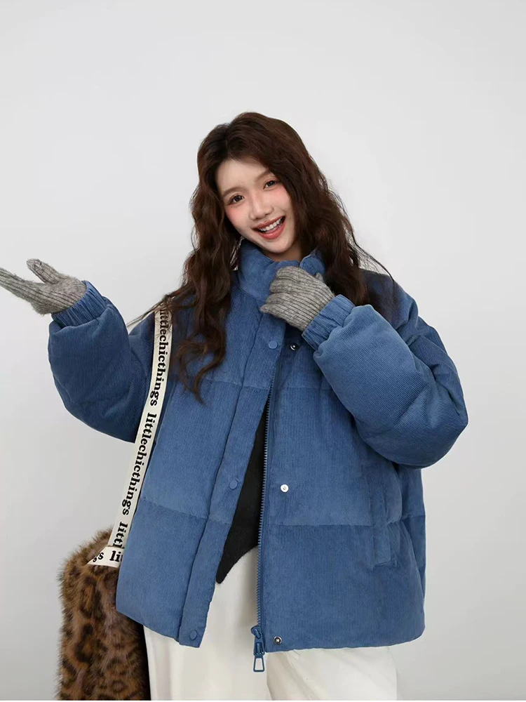 Vintage Corduroy Parkas Women Korean Loose Stand Neck Warm Puffy Coats Y2K Winter Thick Baggy Preppy Zipper Crop Outerwear Mujer