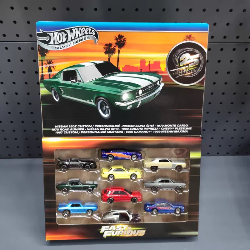 Hotwheels 25Th Anniversary Fast Furious 10Pcs Alloy Car Set Mustang Nissan Subaru Diecast Vehicle Collection