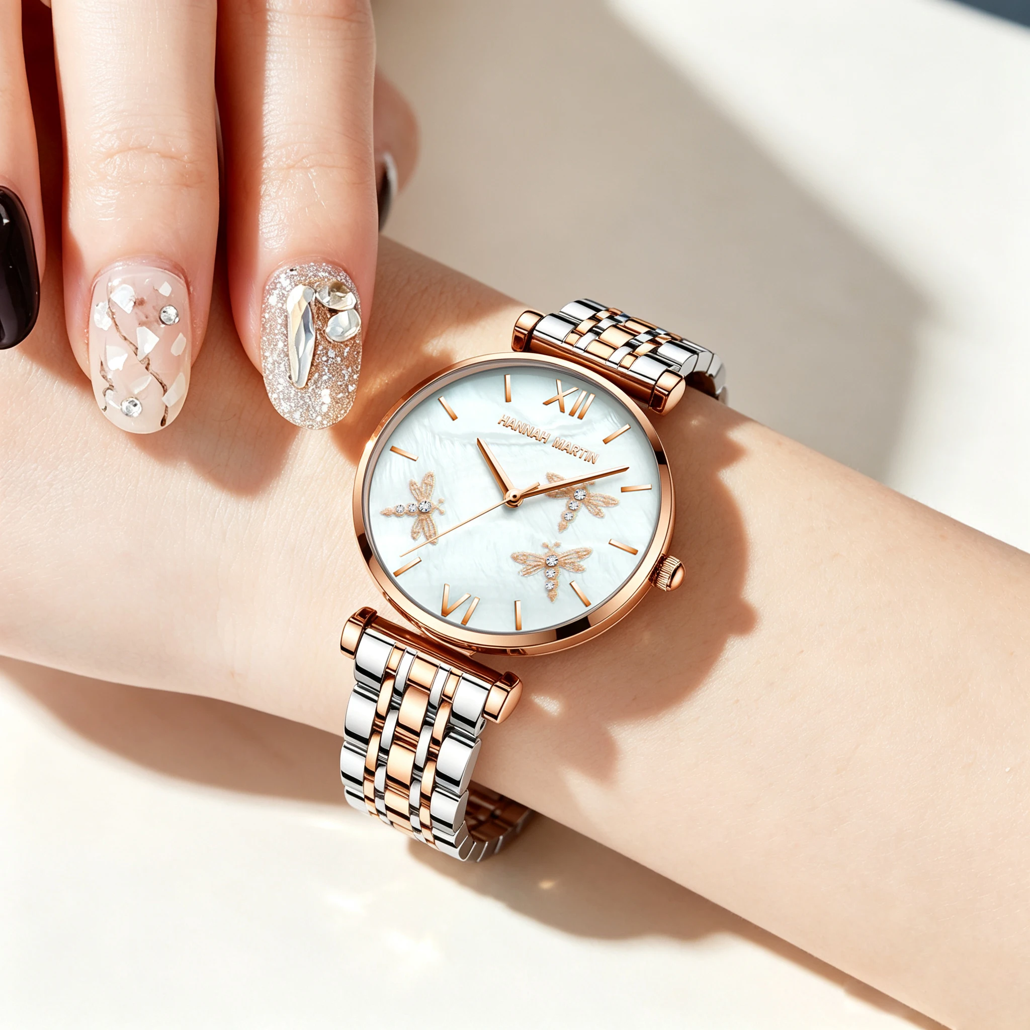 Hannah Martin Fashion Shell Watch 36mm Dragonfly Relief Dial Japan Quartz Movement Silver Stainless Steel Strap Waterproof Watch