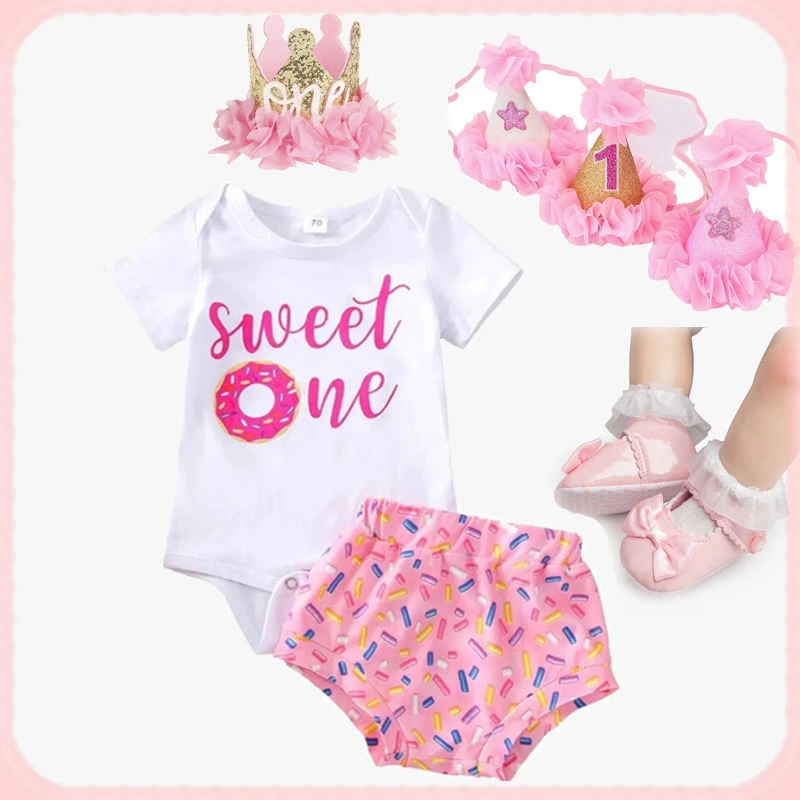 

Baby Cake Smash Outfit 1st Birthday Outfit Apparel Sweet Doughnut One Short Sleeve T-shirt Top Donut Shorts Baby Clothes Set