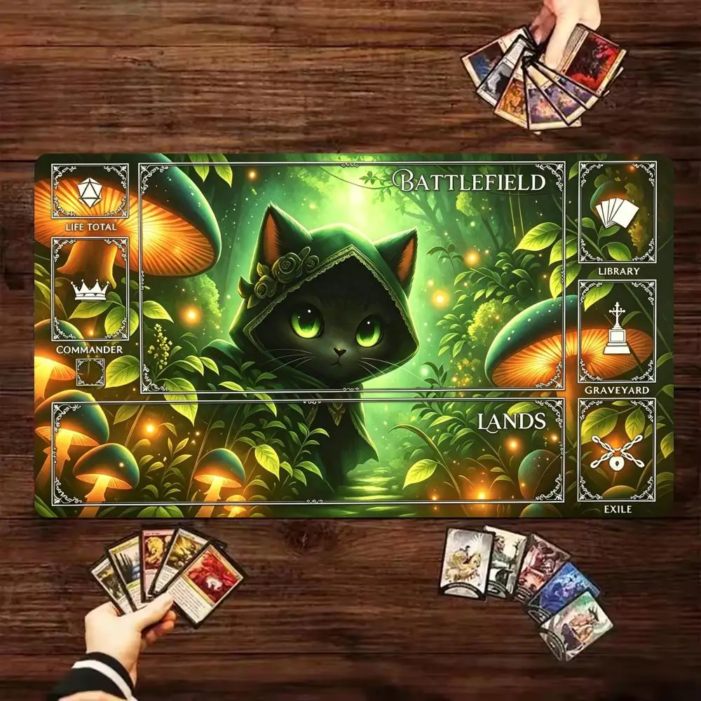 Cute Black Cat Forest MTG Playmat With Game Zones Non Slip Rubber TCG CCG Card Game Mat Magic The Gathering Tabletop Desk Pad