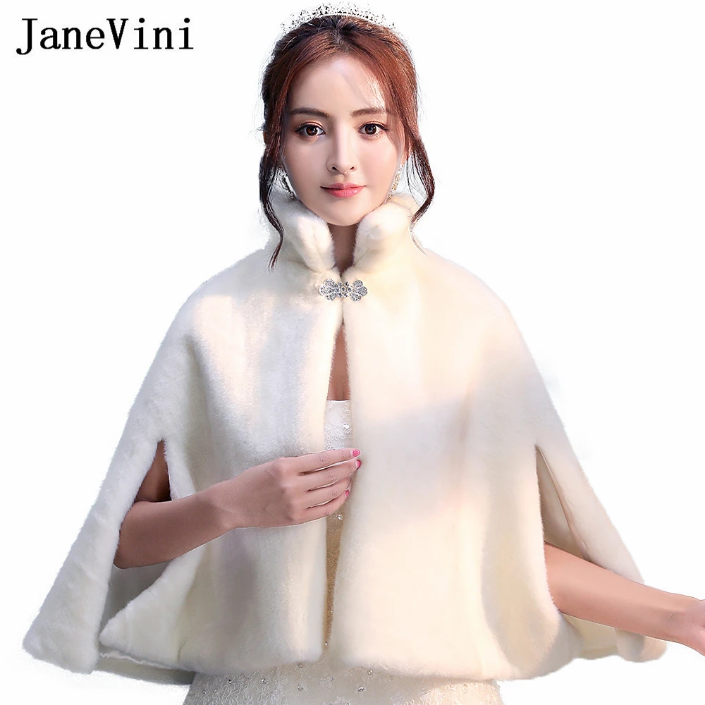 JaneVini Elegant Ivory Faux Fur Coat Bridal Shawl Wedding Cape for Bride Bolero Women Party Stoles Beaded Shrugs Jackets Cloak