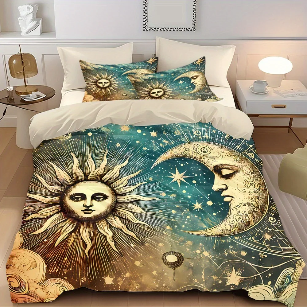 3pcs Gorgeous Sun Moon Texture Printed Quilt Set- Includes 1 Quilt Cover and 2 Pillow Cover (without Filler)