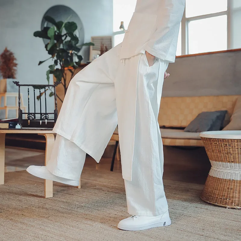 

Pop 2025 Cozy Black Cotton Linen Hakama Kung Fu Pants Men Patchwork Wide Bottom Wushu Pants Male Chinese East Style Grey Harem P