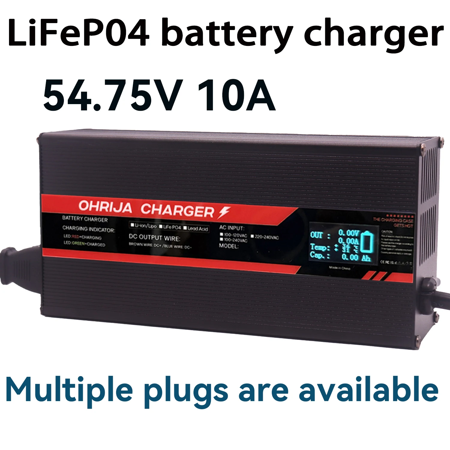 OHRIJA 54.75V 10A High power Fast Charger For 15 S 48V LiFeP04 Battery Charger igh-power intelligent display Aluminum shell case