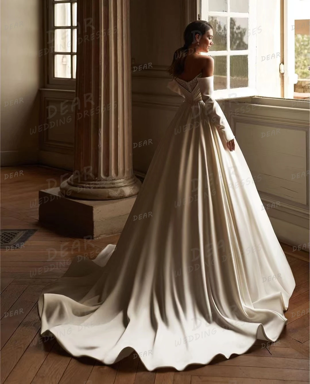 Elegant Wedding Dresses A Line Sexy Long Sleeve Women's Bridal Gowns Sweetheart Off Shoulder Pleat Satin Vestidos De Novias 2024