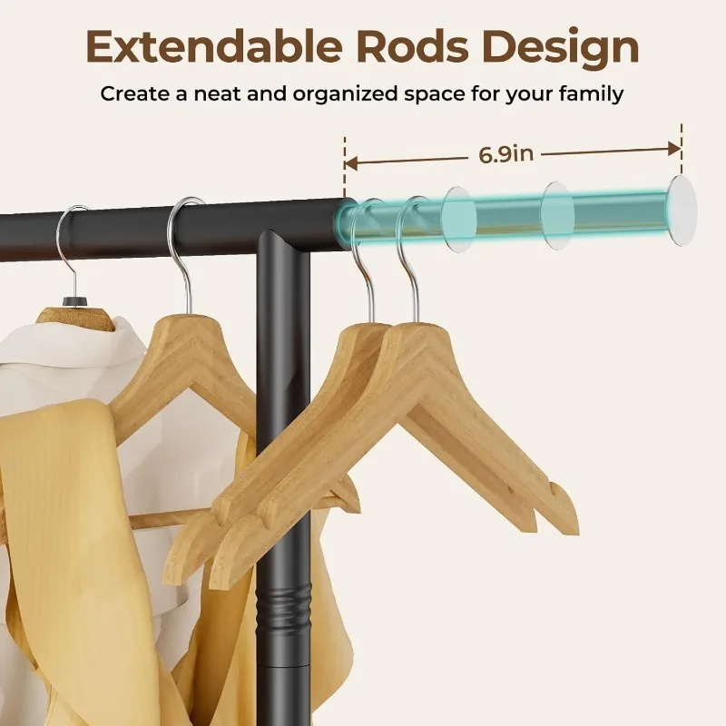 Clothes Rack with Wheels, Clothing Rack for Hanging Clothes with Extendable Rod, Rolling Garment Rack with Shelf Metal Closet