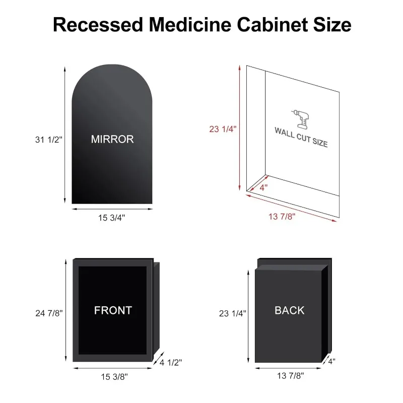 Arched Metal Edge Medicine Cabinet With Mirror Recessed Bathroom Storage 16x31in, Customized