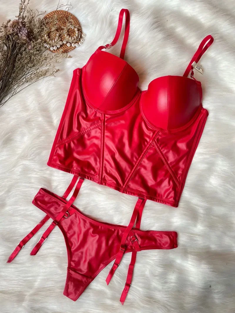 Sexy Glossy Gathering Bra Panties Set Leather Small Bone Shaped Body Shaper Waist Underwear Set Red Bralette