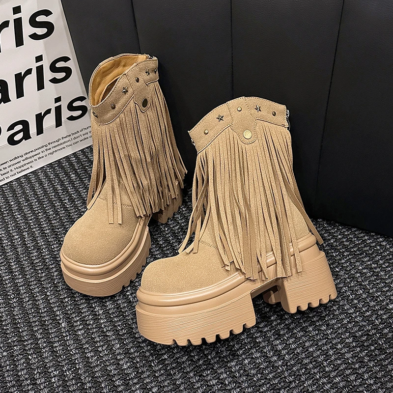 

Женские короткие ботинки на высоком каблуке с кисточками на толстой платформе 9 см, кожаная обувь на массивном каблуке, женские осенне-зимние мотоциклетные ботинки на платформе Botas