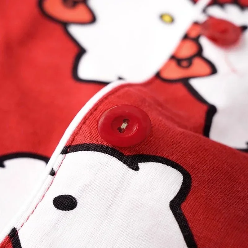 Sanrio Hello Kitty Cartoon Red Pajamas Suits Anime Button Shirts Long Pants Two Piece Sets Cute Casual Pajamas Suit For Girls