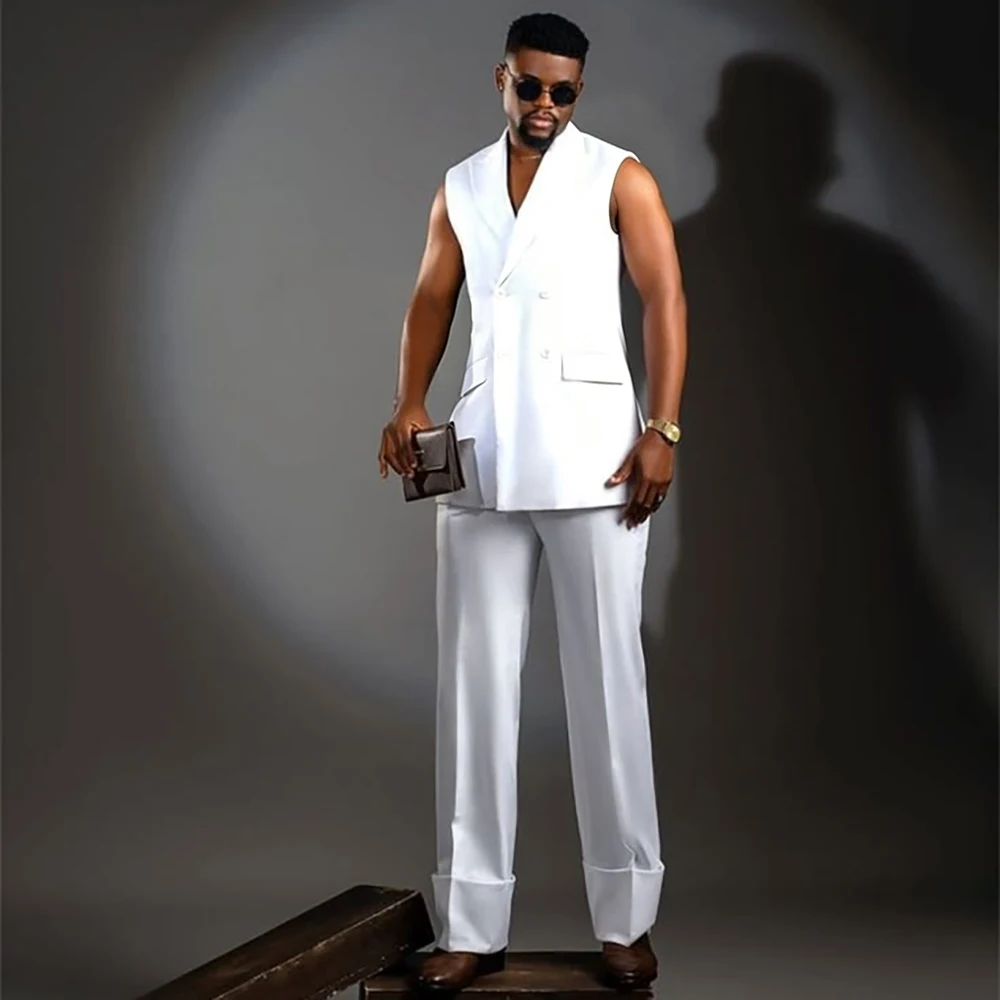 

Summer White Sleeveless Men's Suits Fashion Wide Leg Pants High Quality 2 Piece Jacket Trousers Outfits Costume Homme