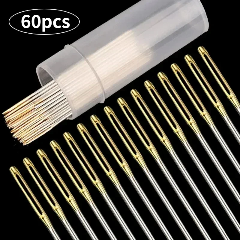 30/60Pcs Large Eye Cross Stitches Needles with Threader DIY Stitch Embroidery Needlework Threading Needle Hand Sewing Tools