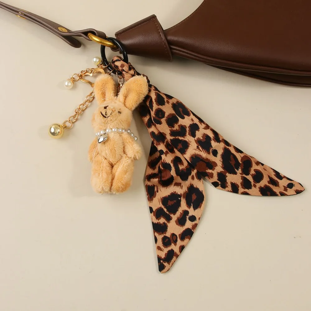 Plush Bunny Bag Charm Leopard Print Scarf Layered Rabbit Keychain Handbag Purse Accessory For Women Everyday Cute Bag Decoration