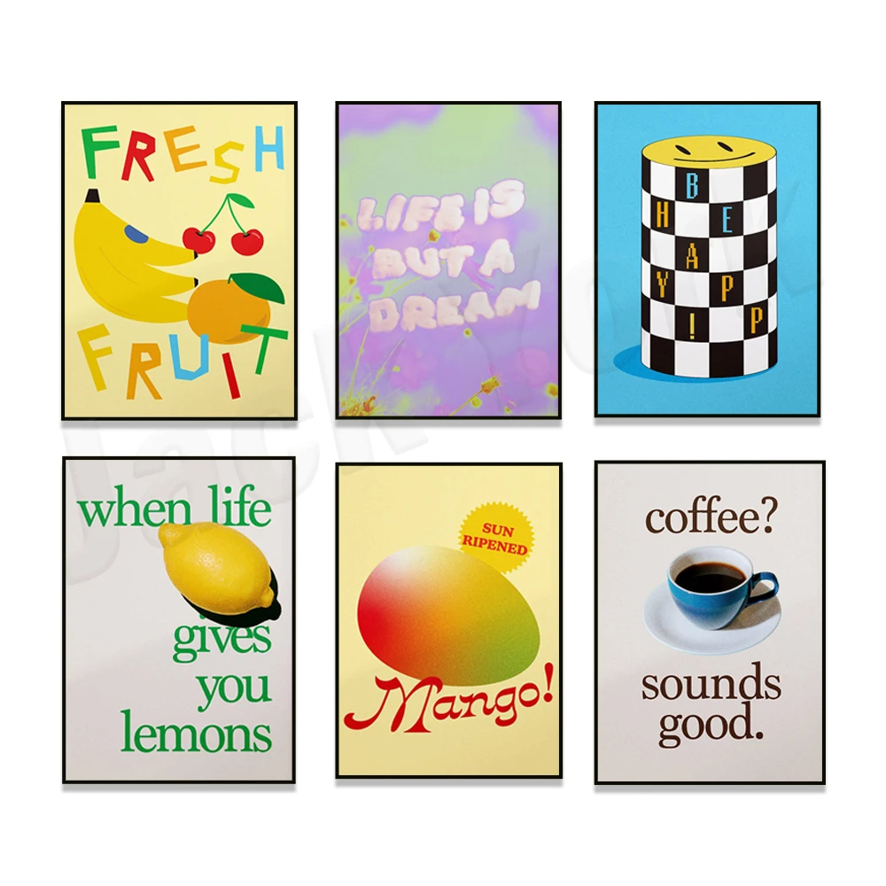 arte feliz, mango, arte de plátano, fruta fresca, arte del café, setas galaxia, la vida proporciona citas de limones, flores, cartel de cocina