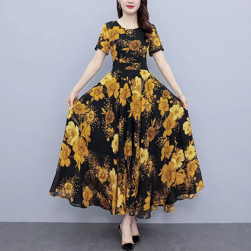 우아한 패션 하라주쿠 슬림 피트 여성 의류 캐주얼 모든 경기 a 라인 스커트 패치 워크 프린트 O 넥 반소매 드레스