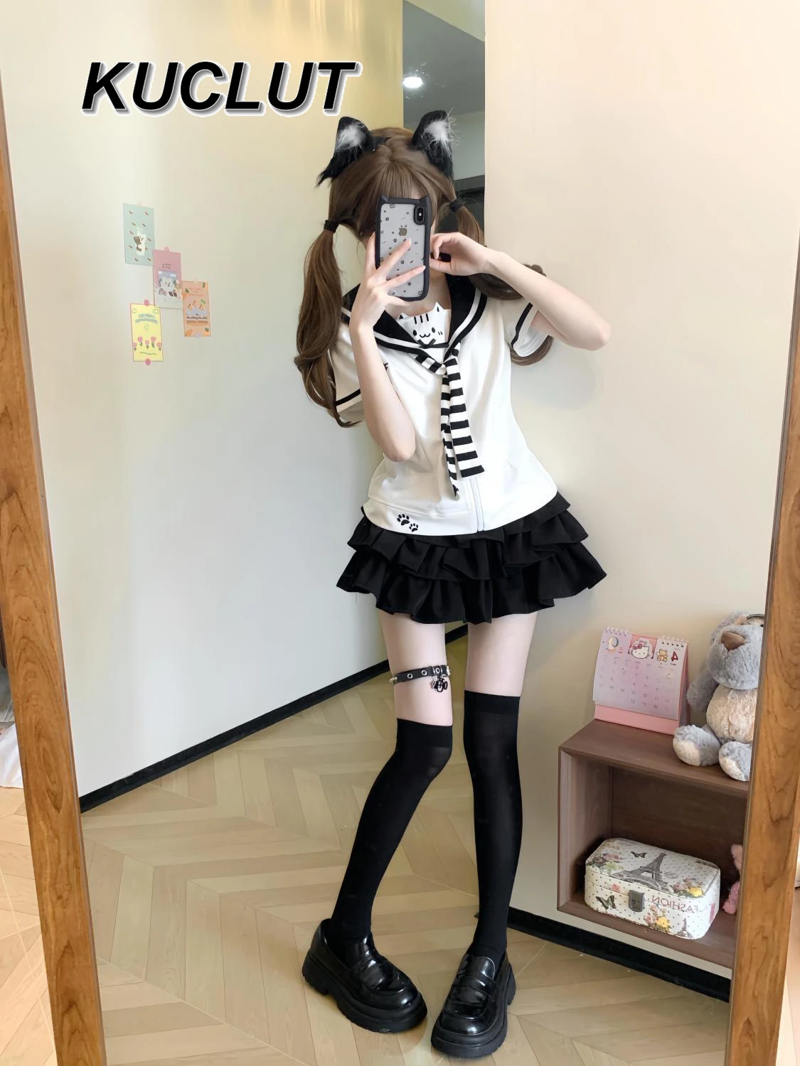 New Summer Sweet Outfits Japanese Style Women's 2 Piece Sets Navy Collar Bow Short-sleeved Top and Skirt Set Girl Uniform Suit.