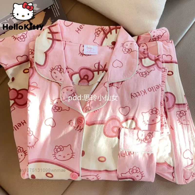 Sanrio Black Kuromi Hello Kitty Pink Pijamas Set Y2k Women\'s Casual Loose Summer 2 Pcs Pyjamas Suit Home Clothing