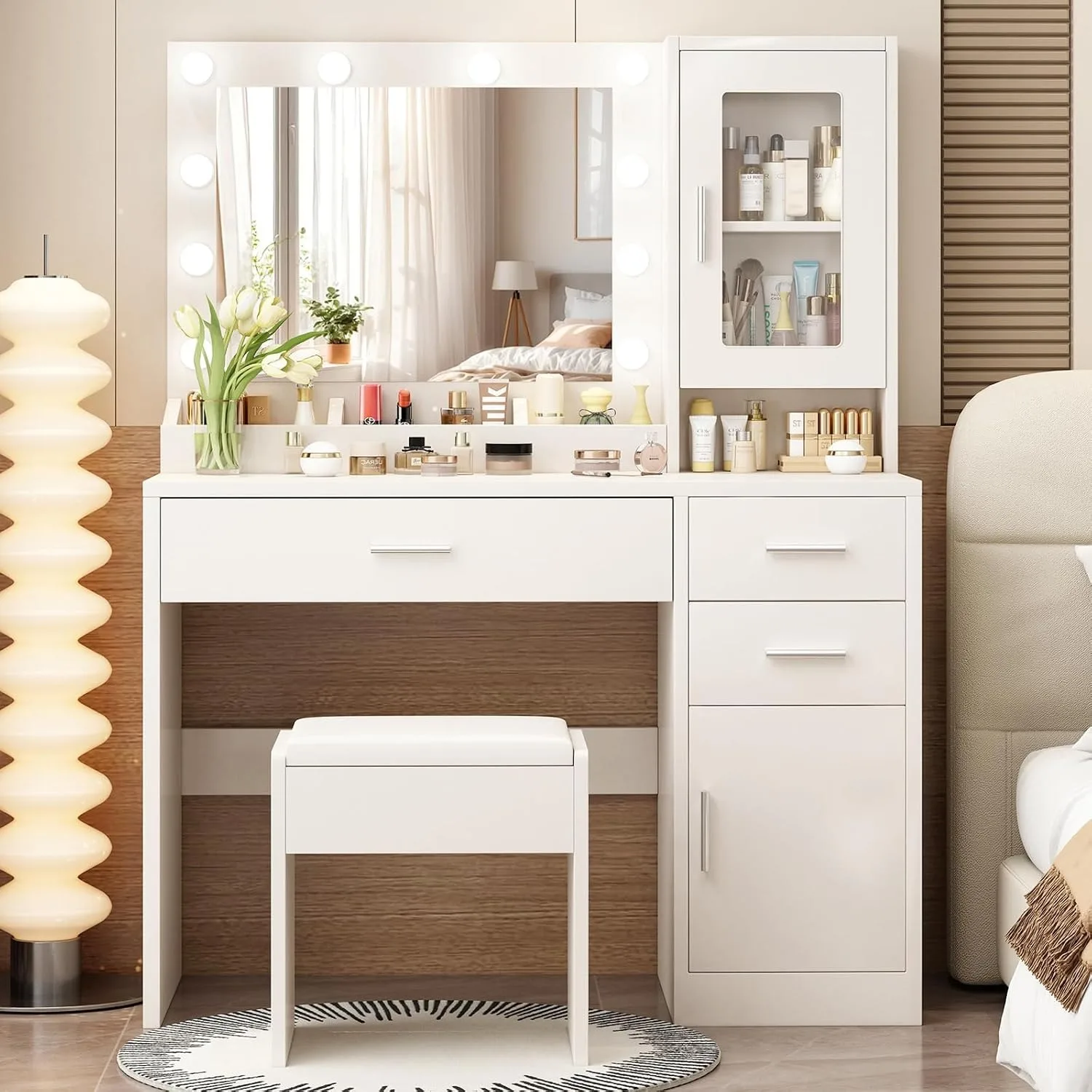Makeup Vanity Desk Set with LED Lights Mirror Chair, Vanity Table with 7 Storage Shelves and 3 Drawers, Customized