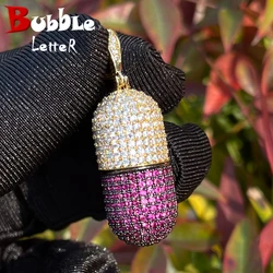 Bubble Letter Tiny Pill Pendant Iced Out Necklace for Men Prong Setting Real Copper Cubic Zirconia Hip Hop Jewelry