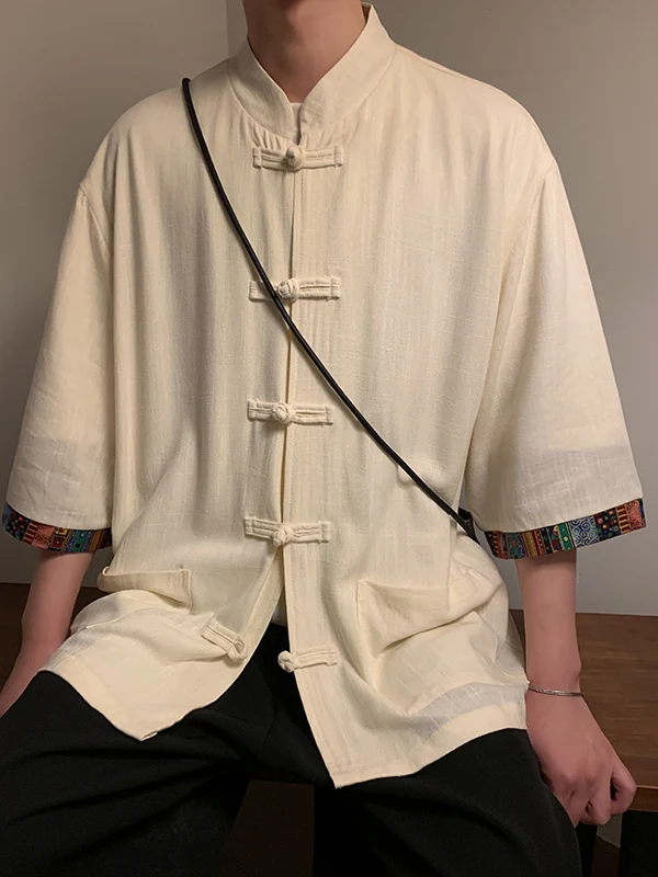 Youth Fashionable Linen Short Sleeve Men's Shirt Tibetan Print Retro High-End Feeling Jacket Traditional Chinese Clothing