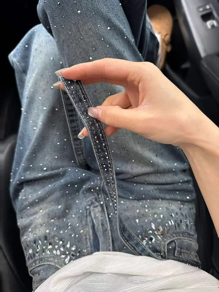 High Waist Wide Leg Straight Cut Jeans Belted Shiny Sequins Spring New Style Slimming a Line Pants Comfortable Casual Denim