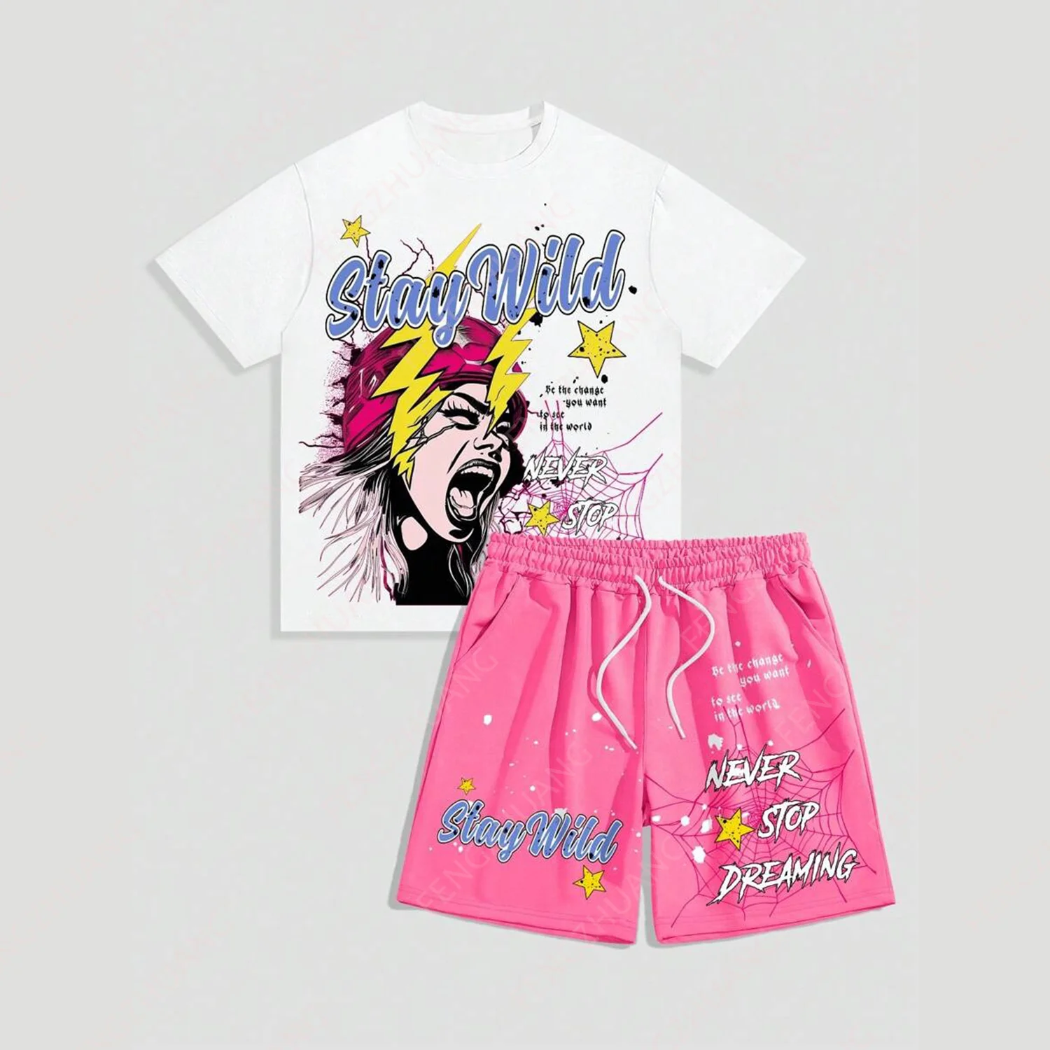 

men and women Figure & Slogan Graphic Tee & Drawstring Waist Shorts Casual Loose With Drawstring Waist Shorts Daily Wear Set